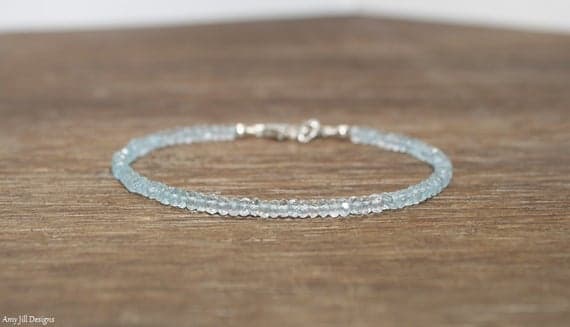 925 sterling Silver Galaxy Jewelry 3mm stacking Aqua Aquamarine Bracelet Rondelle, Faceted 7" for mens, womens, gf, bf & Adult.