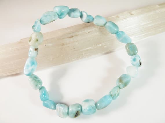 Empath Protection 6-9mm Stretchable Sky Blue Larimar Bracelet Nugget, Smooth 7" for mens, womens, gf, bf & Adult.
