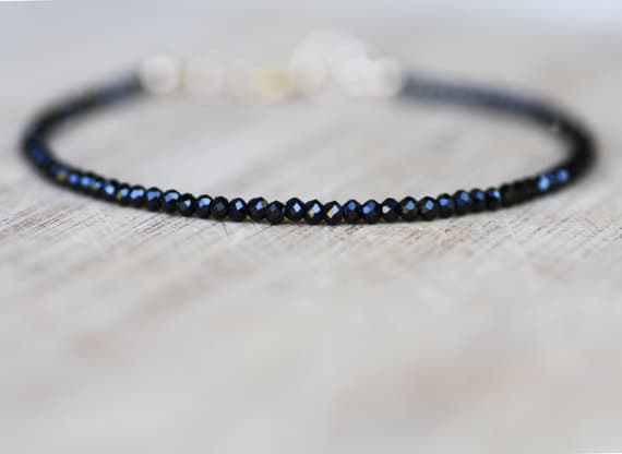 925 sterling Silver love beach youth 2mm stacking Black Natural Black Spinel Bracelet Round, Faceted 7" for mens, womens, gf, bf & Adult.