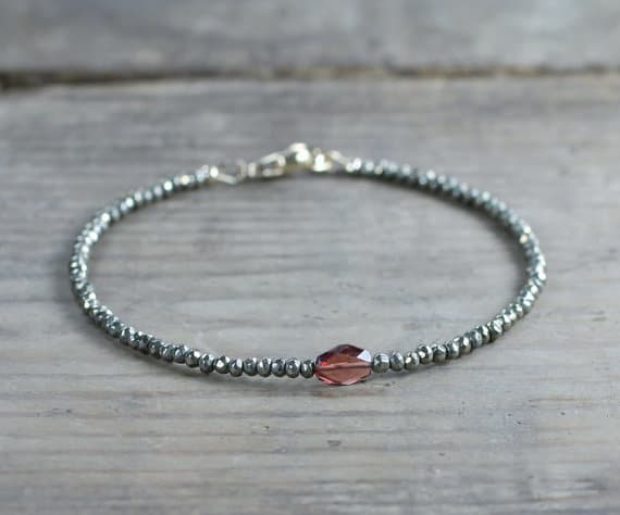 925 sterling silver Dainty Slave Loose 2.5mm Red Garnet & Pyrite stacking Bracelet Nugget, Faceted 18cm for mens, womens, gf, bf and adults.