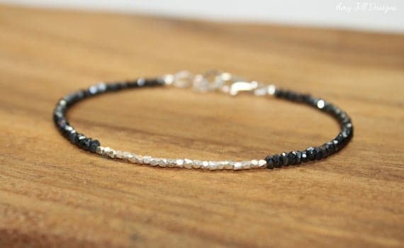 925 sterling Silver Blush Jewelry Silver Helling 3mm stacking Black Black Spinel Bracelet Rondelle, Faceted 7" for mens, womens, gf, bf & Adult.