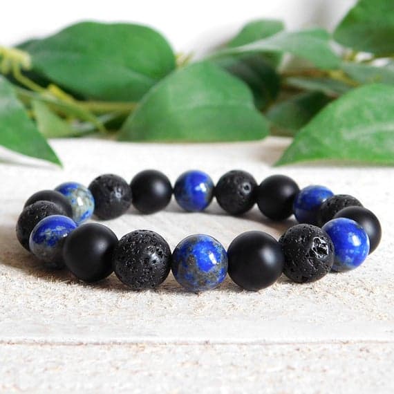 chakras simple 10mm Stretchable black & Blue Lapis Lazuli, Lava Rock, and Onyx Bracelet Round, Smooth 7.5" for mens, womens, gf, bf & Adult.