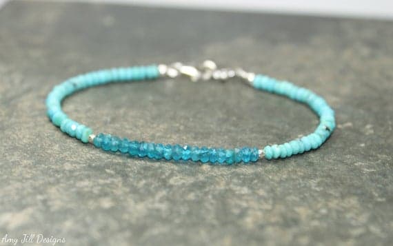 925 sterling Silver Anxiety Gemstone Silver Helling 3-3.5mm stacking Blue Turquoise & Neon Apatite Bracelet Rondelle, Faceted 7" for mens, womens, gf, bf & Adult.