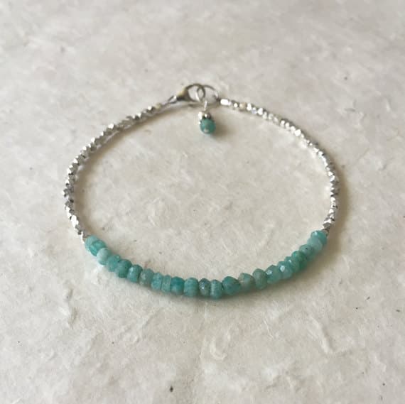 Amazonite Karen Hill Tribe Thai Silver Beaded Bracelet with Dangle, Sundance Style, Boho Stack Bracelet, Layering Bracelet 3-4mm Code- WAR6436