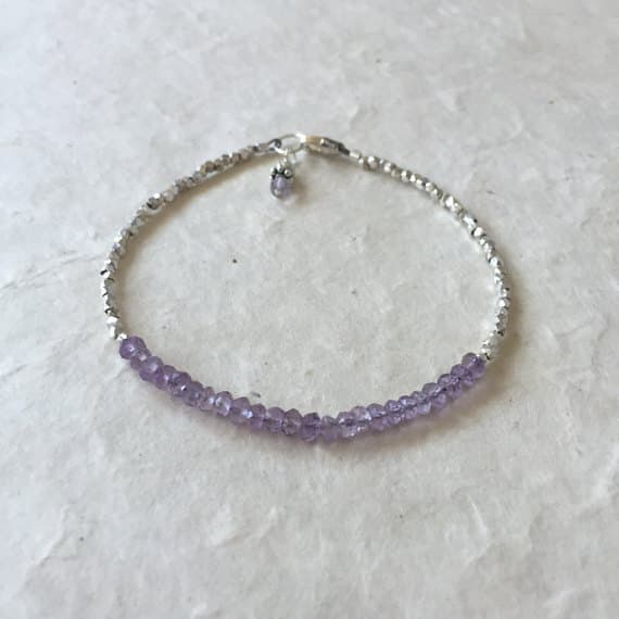 Pink Amethyst Karen Hill Tribe Thai Silver Beaded Bracelet with Heart Charm, Sundance Style, February Birthstone, February Birthday 3-4 mm Code- WAR6454