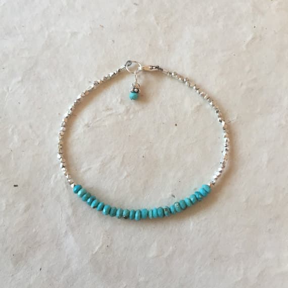 Arizona Sleeping Beauty Turquoise Karen Hill Tribe Thai Silver Beaded Bracelet, Sundance Style, December Birthstone, December Birthday 4mm Code- WAR6453