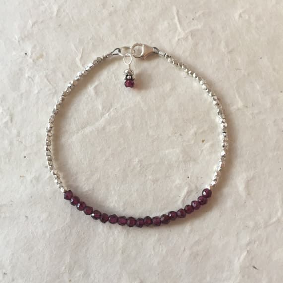 Garnet Karen Hill Tribe Thai Silver Beaded Bracelet with Dangle, Sundance Style, January Birthstone, Boho Stack Bracelet, Layering Bracelet 3 mm Code- WAR6426