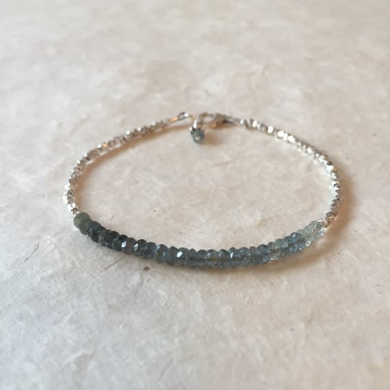Shaded Moss Aquamarine Karen Hill Tribe Thai Silver Beaded Bracelet with Dangle, Sundance Style, March Birthstone, March Birthday 2-3mm Code- WAR6372