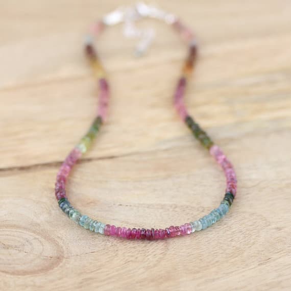 925 sterling Silver Handmade Beaded 3.5mm stacking Multi Watermelon Tourmaline Necklace Rondelle, Smooth 16" for mens, womens, gf, bf & Adult.