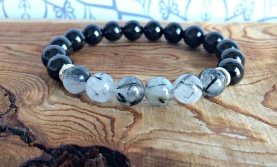 love beach youth 8mm Stretchable Black Black Tourmaline & Rutilated Quartz  Bracelet Round , Smooth 7" for mens, womens, gf, bf & Adult.