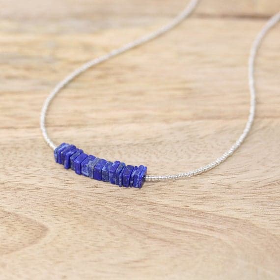 925 sterling Silver Positive Energy 5-6mm stacking Blue Lapis Lazuli & Czech Seed Necklace Square, Faceted 16" for mens, womens, gf, bf & Adult.