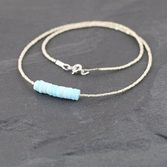 925 sterling Silver Dainty Slave Loose 6mm stacking Blue Peruvian Blue Opal & Dainty Seed Necklace Tyre, Smooth 16" for mens, womens, gf, bf & Adult.