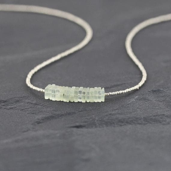 925 sterling Silver Jewelry Energy 5-5.5mm stacking Green Prehnite Heishi Necklace Square, Faceted 16" for mens, womens, gf, bf & Adult.