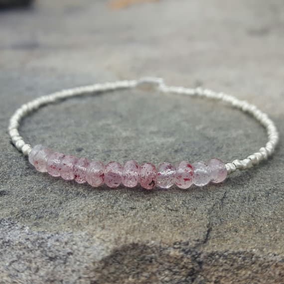 925 sterling silver Rock Gift 3.5mm Pink Strawberry Quartz stacking Bracelet Rondelle, Smooth 18cm for mens, womens, gf, bf and adults.