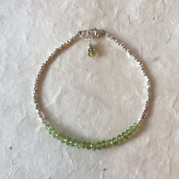 Peridot Karen HIll Tribe Thai Silver Beaded Bracelet with Dangle, Sundance Style, St. Patrick's Day Bracelet 3-4mm Code- WAR6448