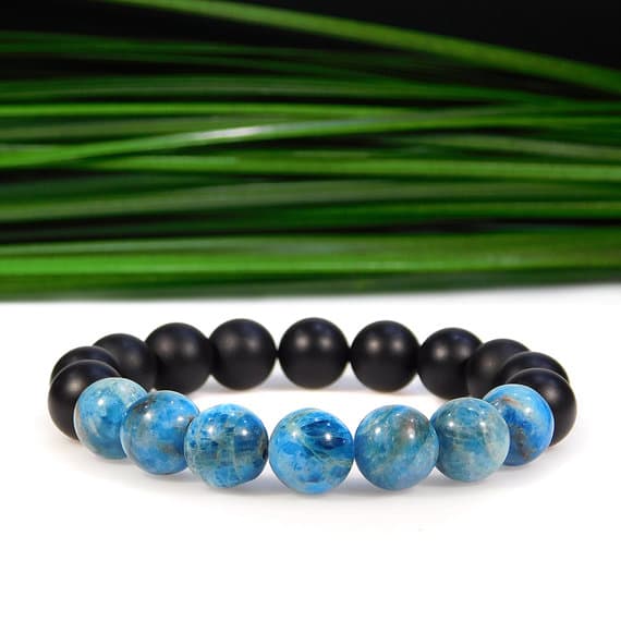Anxiety Gemstone 10mm Stretchable black & Blue Blue Apatite and Matte Onyx Bracelet Round, Smooth 7.5" for mens, womens, gf, bf & Adult.