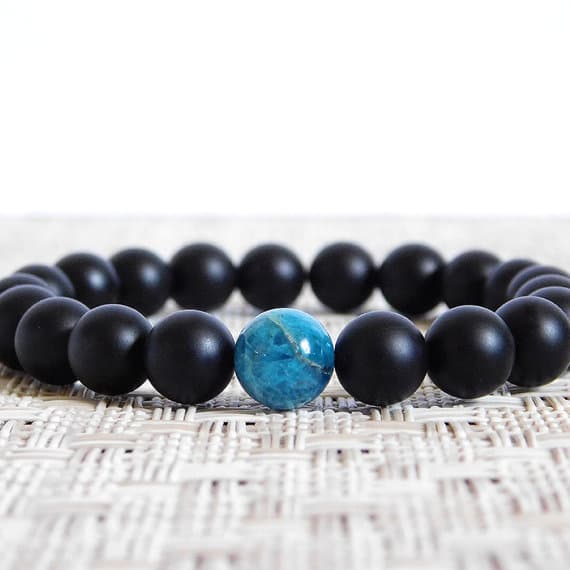 Bridesmaid Jewelry 8mm Stretchable black & Blue Blue Apatite and Matte Onyx Bracelet Round, Smooth 7" for mens, womens, gf, bf & Adult.