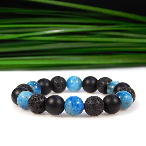 Dainty Slave Loose 10mm Stretchable black & Blue Blue Apatite, Onyx and Lava Rock Bracelet Round, Smooth 7.5" for mens, womens, gf, bf & Adult.