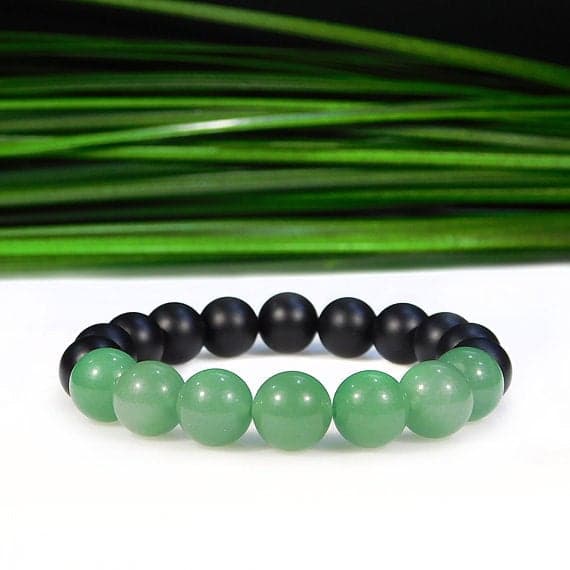 Personalized Gift 10mm Stretchable Black & Green Aventurine and Matte Onyx  Bracelet Round, Smooth 7.5" for mens, womens, gf, bf & Adult.
