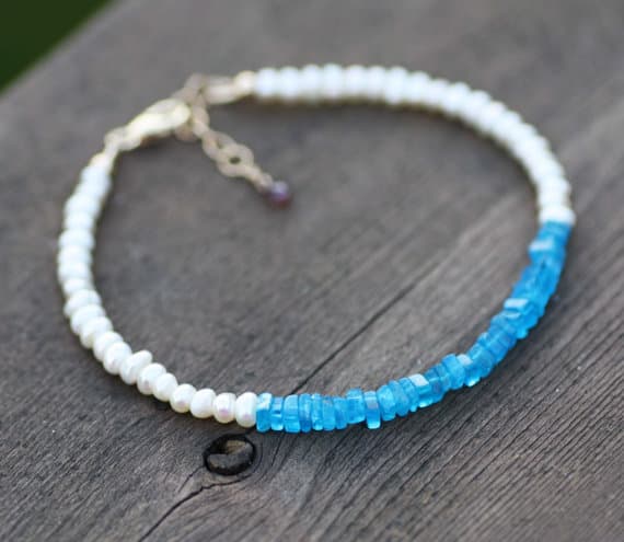 925 sterling Silver Handmade Beaded 4mm stacking Blue & White Natural Neon Blue Apatite and Pearl Bracelet Round & Square, Faceted & Smooth 7" for mens, womens, gf, bf & Adult.