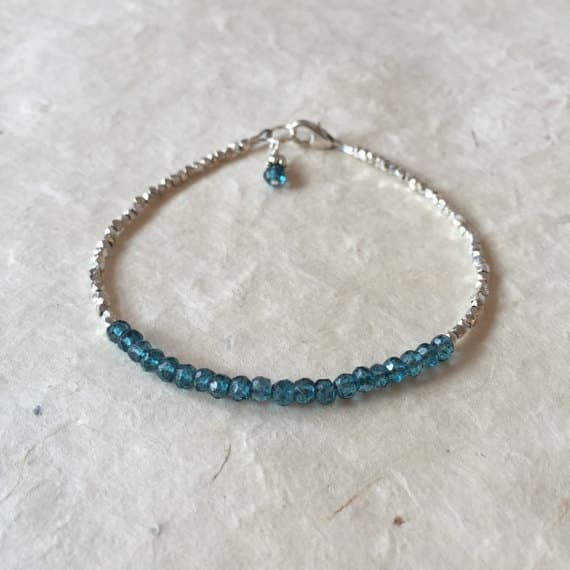 London Blue Quartz Karen Hill Tribe Thai Silver Beaded Bracelet with Dangle, Sundance Style, Birthday Gift, Boho Stacking Bracelet 3-4mm Code- WAR6383