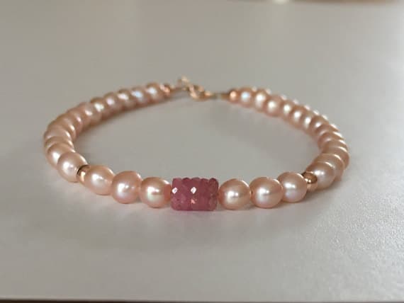 Blush Pearl bracelet, sapphire bracelet, fine jewelry, 14k rose gold, genuine Pearl bracelet, pink sapphire bracelet, gift for her, unique 3-4mm  Code- WAR6316