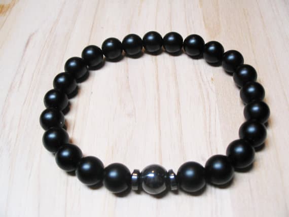 chakras simple 8mm Stretchable black Black Onyx & Hematite Bracelet Round, Smooth 7" for mens, womens, GF, BF, Adults.