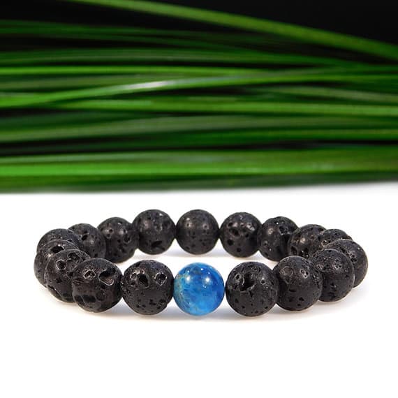 Artisan Loose 10mm Stretchable black & Blue Blue Apatite and Lava Rock Bracelet Round, Smooth 7.5" for mens, womens, gf, bf & Adult.
