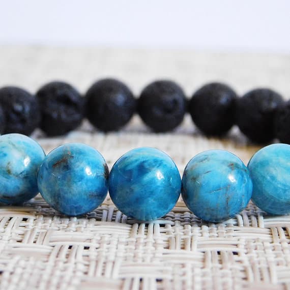 Anniversary Gift 8mm Stretchable black & Blue Blue Apatite and Lava Rock Bracelet Round, Smooth 7" for mens, womens, gf, bf & Adult.