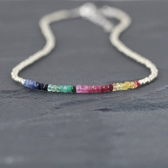925 sterling Silver Personalized Gift Silver Helling 3.5mm stacking Multi Emerald, Ruby, Blue & Yellow Sapphire  Necklace Rondelle, Faceted 16" for mens, womens, gf, bf & Adult.