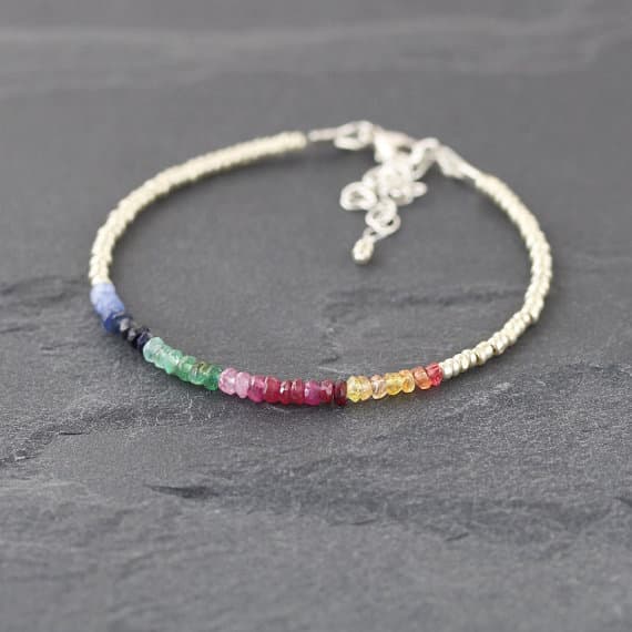 925 sterling Silver Artisan Loose 3-3.5mm stacking Multi Blue & Yellow Sapphire, Emerald and Ruby Bracelet Rondelle, Faceted 7" for mens, womens, gf, bf & Adult.