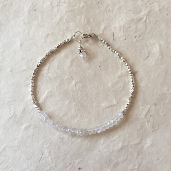 Moonstone Karen Hill Tribe Silver Bracelet with Dangle, Sundance Style, June Birthstone, Birthday Gift, Boho Stack Bracelet 3-4mm Code- WAR6442