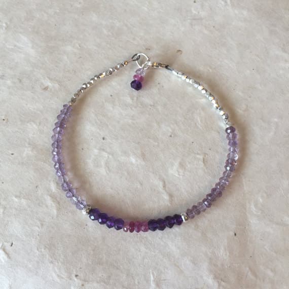 Pink and Purple Amethyst Tourmaline Karen Hill Tribe Thai Silver Beaded Bracelet with Dangle, Sundance Style 3-5mm Code- WAR6398