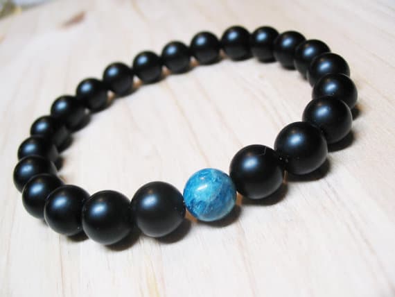 good luck gift 8mm Stretchable Black & Blue Black Onyx & Apatite Bracelet Round, Smooth 7" for mens, womens, GF, BF, Adults.