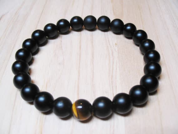 love beach youth 8mm Stretchable black  Black Onyx & Tiger Eye Bracelet Round, Smooth 7" for mens, womens, GF, BF, Adults.