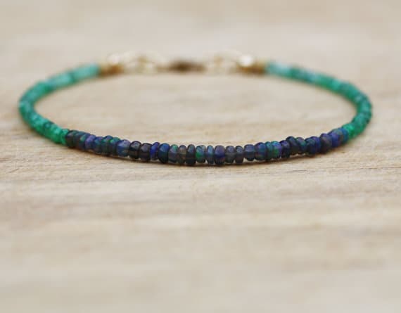 24k gold Plated Anniversary Gift 2-2.5mm stacking Multi Natural Emerald and Black Opal  Bracelet Rondelle, Faceted & Smooth 7" for mens, womens, gf, bf & Adult.