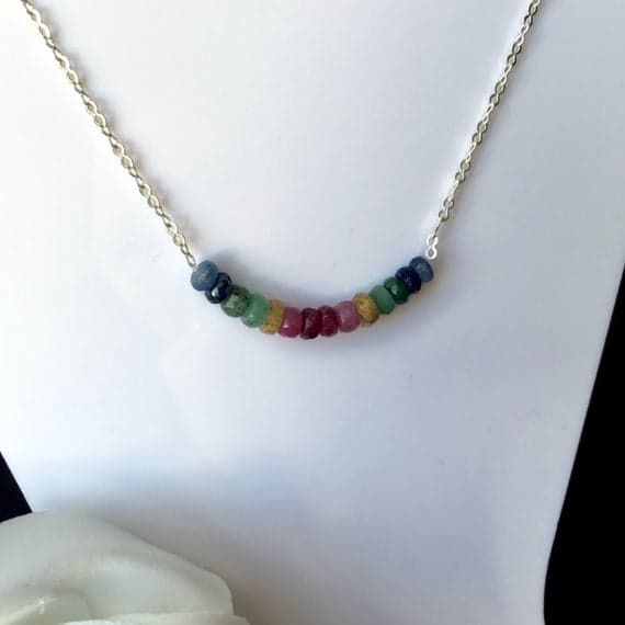 925 sterling Silver Unique Wedding Gift 3-4mm stacking Multi Ruby, Sapphire and Emerald Necklace Rondelle, Faceted 17" for mens, womens, gf, bf & Adult.