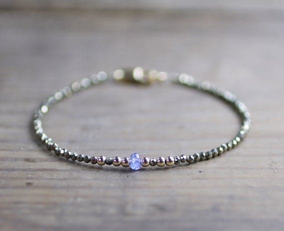 24k gold Handmade Beaded 2.5-3mm Blue Pyrite & Tanzanite stacking Bracelet Round, Faceted 18cm for mens, womens, gf, bf and adults.