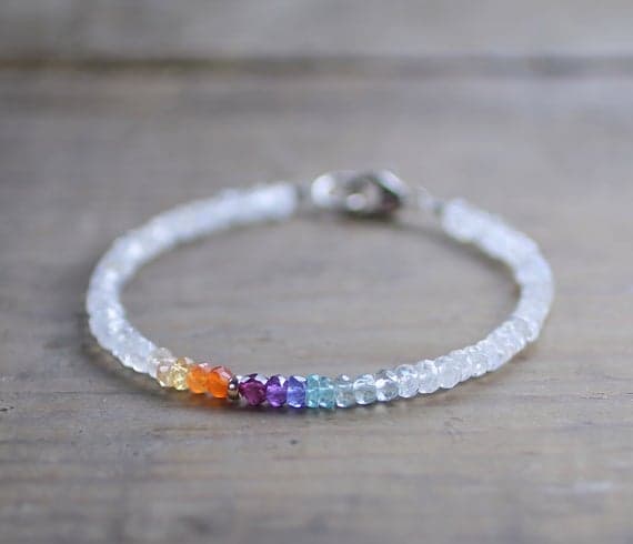 925 sterling silver Rock Gift 3.5mm Multi Colour Moonstone Rainbow Multi Color Gemstone  stacking Bracelet Rondelle, Faceted 18cm for mens, womens, gf, bf and adults.