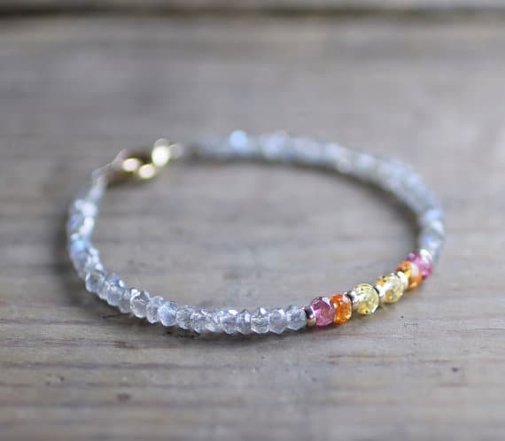 925 sterling silver Empath Protection 3.5-4mm Multi Colour Labradorite & Pink Tourmaline & Yellow Orange Sapphire Quartz stacking Bracelet Rondelle, Faceted 18cm for mens, womens, gf, bf and adults.