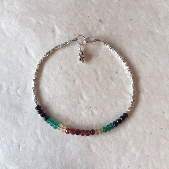 Rasta Bracelet, Black Spinel Green Onyx Citrine Garnet Karen Hill Tribe Thai Silver Beaded Bracelet with Dangle, Sundance Style, Boho Stack 3-4mm Code- WAR6404
