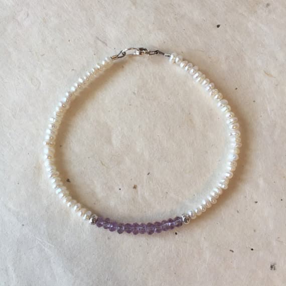 Pink Amethyst Rice Pearl Karen Hill Tribe Thai Silver Beaded Bracelet, Sundance Style, February Birthday 3-4mm Code- WAR6406