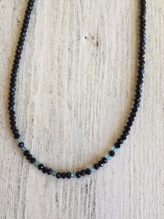 925 sterling Silver Anxiety Relief Calming 3-4mm stacking black & Blue Black Spinel & Apatite Necklace Rondelle, Faceted 17" for mens, womens, gf, bf & Adult.