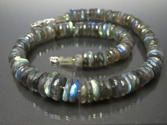925 sterling Silver Anxiety Relief Calming 11-15mm stacking Gray Labradorite Necklace Rondelle, Faceted 17" for mens, womens.