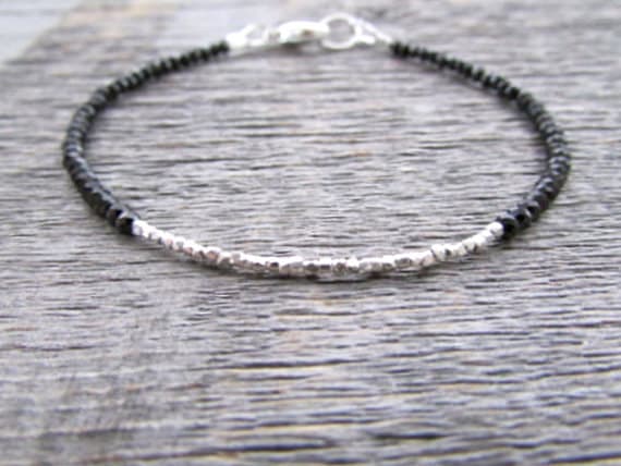 AAA++ Rare Quality Black Spinel Bracelet, Spinel Bead Bracelet, Spinel Gemstone Bracelet, Hill Tribe Silver Plated Bracelet , Black Stack Bracelet, Black Bead Bracelet 2-2.5mm 17" Strand. Code- TJH425