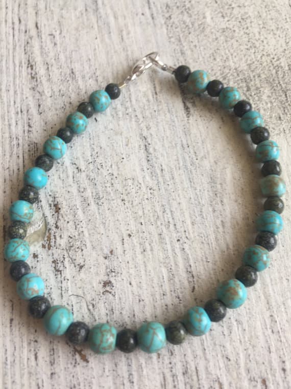 925 sterling Silver Natural 3-6mm stacking black & Blue Serpentine and Magnesite Bracelet Round, Smooth 7" for mens, womens, gf, bf & Adult.