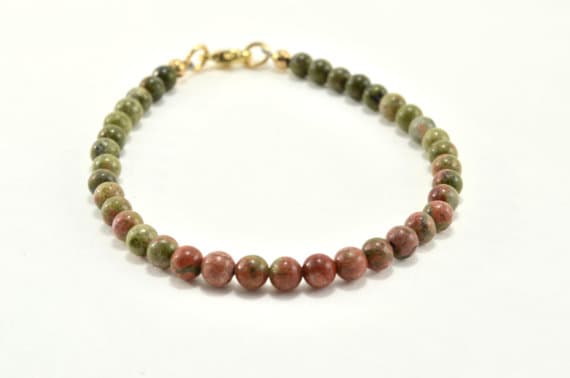 24k gold Plated Galaxy Jewelry 4 mm Stracking Multi Unakite Bracelet Round, Smooth 7" for mens, womens, GF, BF, Adults.
