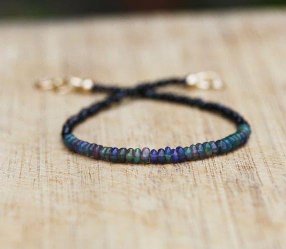 24k gold Plated Anxiety Gemstone 3mm stacking Black Black Spinel and Black Opal  Bracelet Rondelle, Faceted & Smooth 7" for mens, womens, gf, bf & Adult.