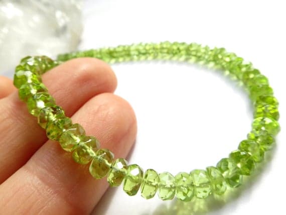 925 sterling Silver Bridesmaid Jewelry 5mm stacking Green Green Peridot Bracelet Rondelle, Faceted 7" for mens, womens.