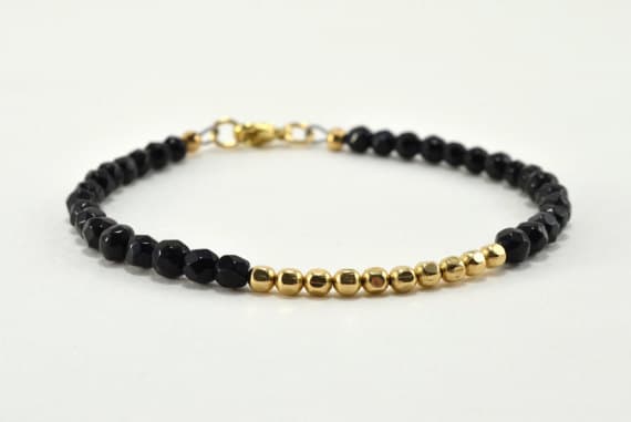 24k gold Plated Handmade Beaded, gold helling 4 mm Stracking balck Black Onyx Bracelet Rondelle, Faceted 7" for mens, womens, GF, BF, Adults.